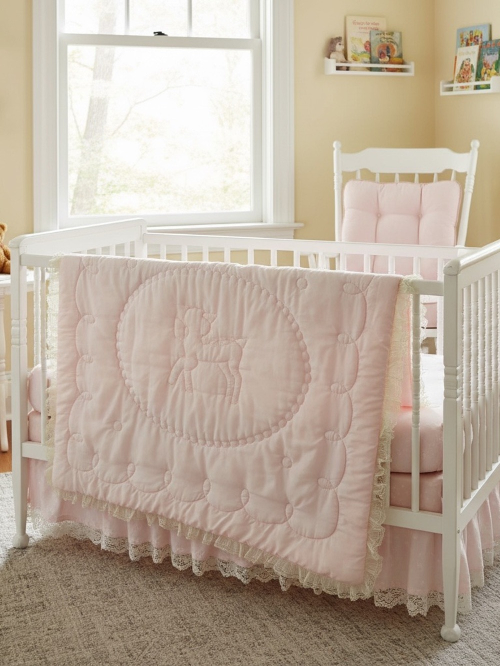 Vintage Baby Pink Quilted Crib Blanket with Lace Trim Kozee Komforter 1960s